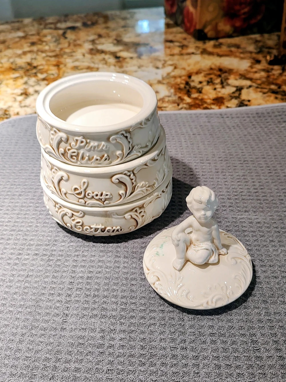 Enesco 1950's Cream Ceramic Stackable Trinket Jars with Cherub Lid